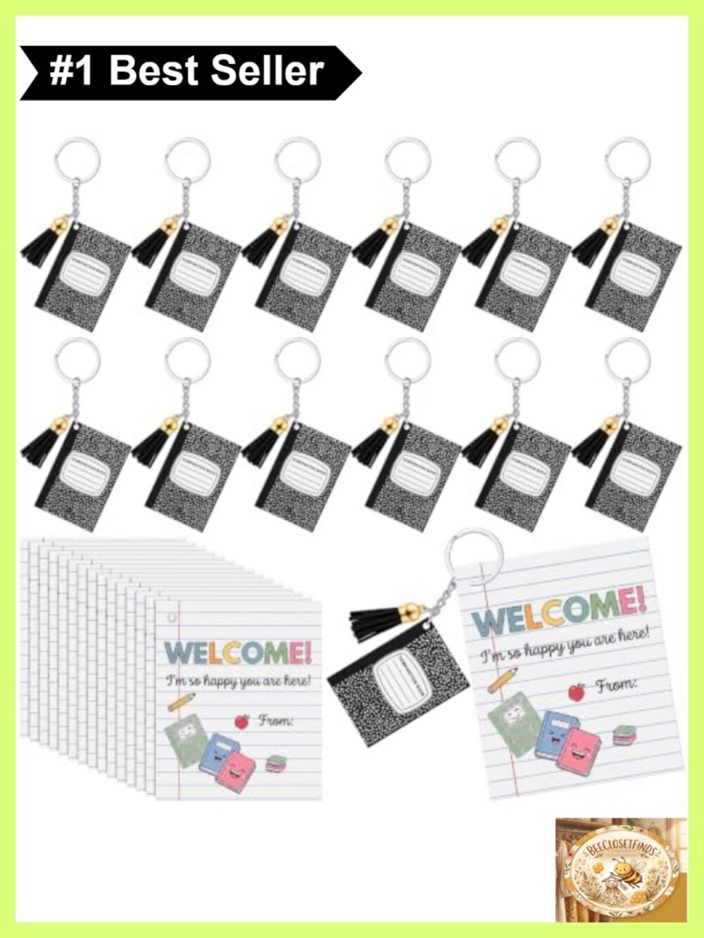 24 Ct Composition Notebook Keychains Teacher Student Gift Set Acrylic